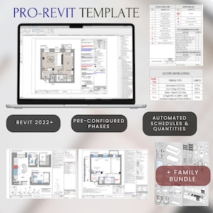 May include: A digital Revit 2022+ template displayed on a laptop screen, featuring architectural floor plans, electrical symbol legends, LED strip lighting schedules, automated quantities, and a comprehensive family bundle for design projects.