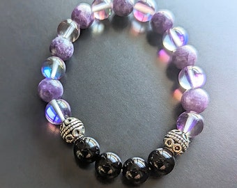 Beautiful Black Onyx, Lepidolite & Purple Mystic Aura Quartz 8mm bracelet, Magical, Uplifting, Protective