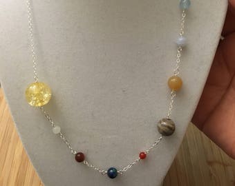 Solar System (including PLUTO!) sterling silver and gemstone bead necklace -- science education geek chic collection earth Venus Saturn