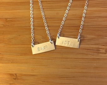 Myers Briggs 4 letter personality type sterling silver stamped bar handmade necklaces -- geek chic  psychology INTJ ENFP ESTJ, etc