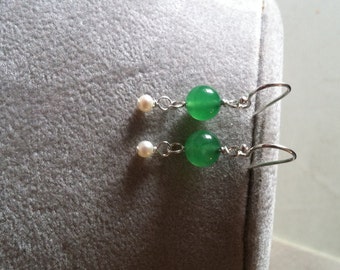 Green Onyx and Freshwater Pearls Earrings-- sterling silver