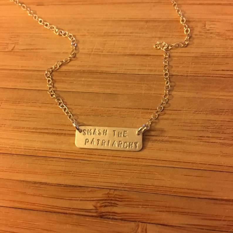 SMASH THE PATRIARCHY sterling silver bar necklace hand stamped. feminism equality politics election democrat election 2016 anti-trump image 2