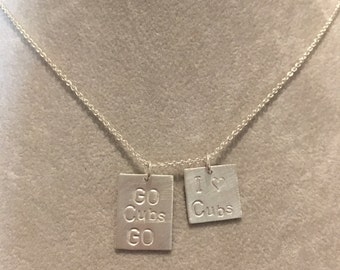 CUBS baseball fan "GO Cubs GO" or "I <3 Cubs" or "fly the W" necklace -- sterling silver. Handmade. Baseball Cubs Chicago World Series Fans