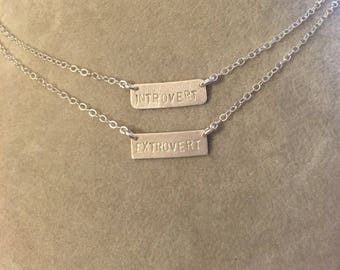 Introvert, Extrovert, or Ambivert  personality type sterling silver stamped bar handmade necklaces -- geek chic  psychology