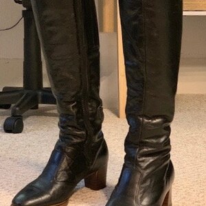 15 inches calf boot upcycled boot square end painted by hand size 37 black leather boot small heel