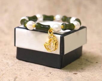 Korean Zodiac Charm Bracelet, Green Bamboo Beads & Pearls, Lucky Year Animal Jewelry, Korean Gift, Handmade