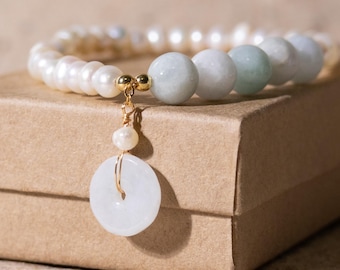 Natural Jade & Freshwater Pearl Bracelet with Peace-Buckle Charm | Korean Inspired Jade Jewelry Gift for Her