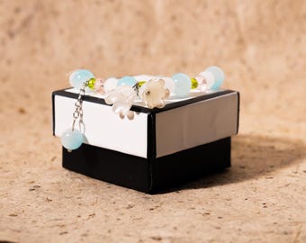 Pastel Beaded Bracelet – Aquamarine Blue, Flower Charm, Korean Style
