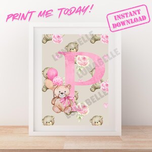Impression d'art numérique Emmie bear lettre P alphabet pépinière ; téléchargement instantané ; imprimable ; imprimez à la maison ; petite fille