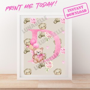 Impression d'art numérique pour chambre d'enfant alphabet Emmie bear lettre D ; téléchargement instantané ; imprimable ; imprimer à la maison