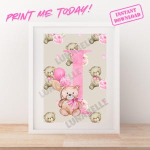 Impression d'art numérique Emmie bear lettre I pépinière alphabet ; téléchargement instantané ; imprimez à la maison ; petite fille
