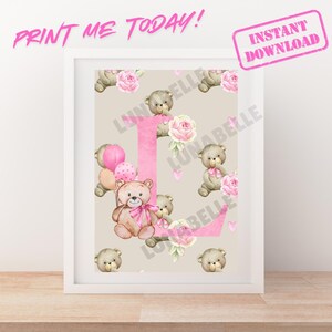 Impression d'art numérique pour chambre d'enfant, lettre L de l'alphabet Emmie Bear ; téléchargement instantané ; imprimez à la maison ; petite fille