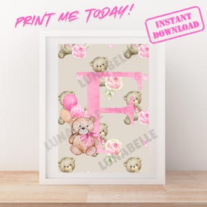 Impression d'art numérique Emmie bear lettre F alphabet pépinière ; téléchargement instantané ; imprimable ; imprimez à la maison ; petite fille