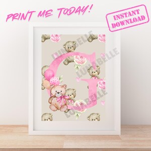 Impression d'art numérique Emmie Bear lettre G alphabet pour chambre d'enfant ; téléchargement instantané ; imprimez à la maison ; imprimable ; petite fille ; décoration de chambre d'enfant