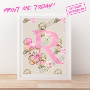 Impression d'art numérique Emmie bear lettre R alphabet pépinière ; téléchargement instantané ; imprimez à la maison ; petite fille