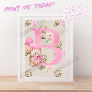 Impression d'art numérique Emmie Bear shabby chic lettre B ; téléchargement instantané ; imprimable ; décoration de chambre d'enfant
