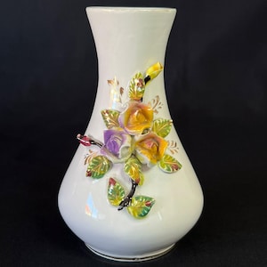 Vintage Portuguese Ceramic Bud Vase by Tremez, Applied Roses, Hand Painted, Circa 1970s