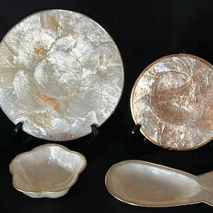 Vintage Capiz Shell Dish Set, Brass-Trimmed Fish, Flower Bowls and Plates