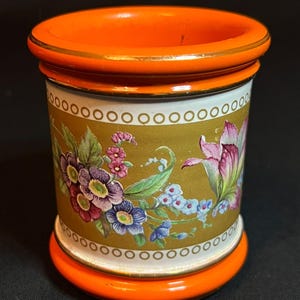 Vintage italiensk kruka, orange blommig keramikplanta, guldkant, Florens, mitten av århundradet