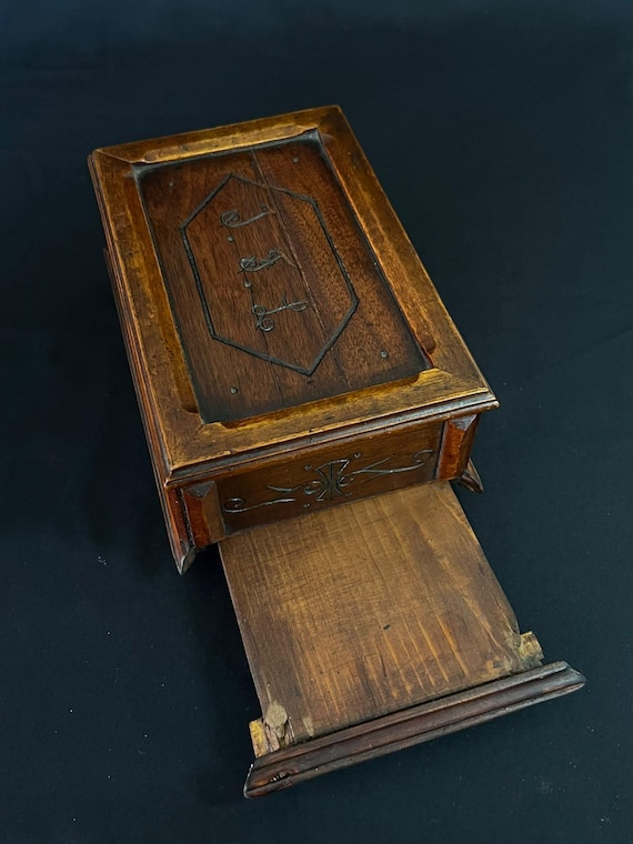 Antique Secret Puzzle Box, Monogrammed Hand Carved Wood, Early 20th Century