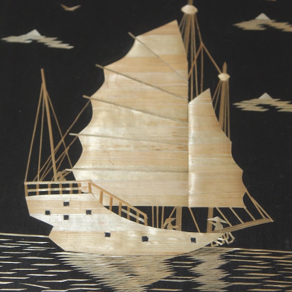 Vintage Straw Marquetry Junk Ship Picture, Black and Gold Wood Frame