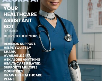 May include: A woman wearing a blue medical uniform with a stethoscope around her neck and a robotic arm. The text "ALORA AI" is in large letters at the top of the image. The text "YOUR HEALTHCARE ASSISTANT BOT" is below the AI text. The text "FEATURES: DHERE TO HELP YOU: REVISION SUPPORT. HELPS YOU STAY SHARP. AVAILABLE 24/7. ASK ALORE ANYTHING HEALTHCARE RELATED. SUPPORTS MULTIPLE COUNTRIES. DRAW UP HEALTHCARE PLANS. CROSS REFERENCE POLICIES. 45% OFF" is below the bot text. The text "SAVE TIME AND MONEY" is at the bottom of the image. The text "@yanzubusiness" is below the save time and money text.