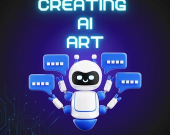 May include: A white robot with blue arms and legs is surrounded by speech bubbles. The robot has a happy face and is holding its arms up in the air. The text "Creating AI Art" is in neon blue letters above the robot. The text "Make Money With AI Art" is below the robot. The text "@yanzubusiness" is at the bottom of the image.