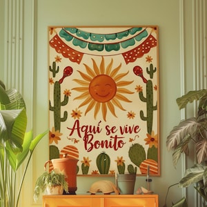 Mexikanische Sonne Wall Art Print - Boho Sommer Poster mit Kaktus und Papel Picado | Cinco de Mayo Decor, lebendiger kultureller Hauptakzent