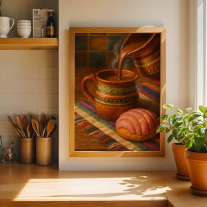 Mexican Hot Chocolate and Concha Wall Art – Warm Kitchen Decor with Rustic Clay Mug and Pan Dulce, Latin Food Lover Gift Print