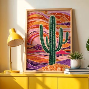 Mexikanische Wüstenkaktus-Wandkunst - südwestlicher Saguaro-Sonnenuntergang-Druck, Boho Maximalist-Poster, lebendiges vielseitiges Wohndekor