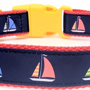 Sailboat Dog Collar - Handmade Nautical Design on Durable Nylon Webbing