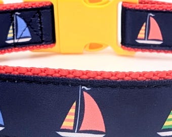 Sailboat Dog Collar - Handmade Nautical Design on Durable Nylon Webbing