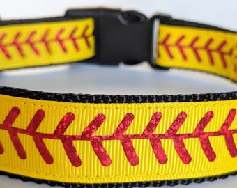 Softball Stitches Dog Collar / Yellow Softball Dog Collar - You pick the nylon & buckle colors!