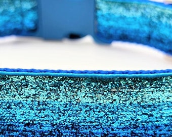 Ocean Blue Sparkle Dog Collar: Teal Blue Ombre Metallic Ribbon