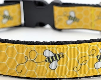 Bumblebee Dog Collar | Cute Yellow Bee Honeycomb Print Pet Collar, Matching Leash Key Fob, Custom Ribbon Dog Collar, Dog Mom Puppy Gift
