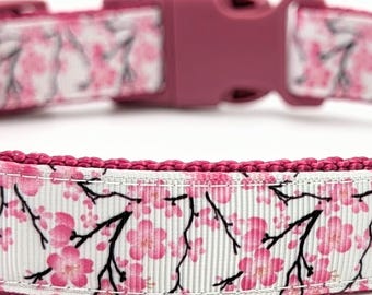 Pink Cherry Blossom & Branches Dog Collar, Sakura Floral Dog Gear, White Grosgrain Ribbon, Spring Flower Dog Gift, Handmade in USA