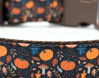 Woodland Pumpkins Dog Collar: Fall Leaves and Mushrooms