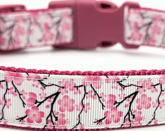 Pink Cherry Blossom & Branches Dog Collar, Sakura Floral Dog Gear, White Grosgrain Ribbon, Spring Flower Dog Gift, Handmade in USA