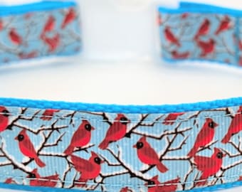Winter Cardinal Dog Collar - Red Bird Snowy Branches - Light Blue Ribbon Collar - Handmade in Illinois
