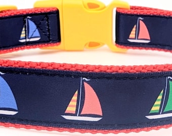 Sailboat Dog Collar - Handmade Nautical Design on Durable Nylon Webbing