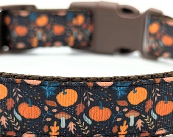 Woodland Pumpkins Dog Collar: Fall Leaves and Mushrooms