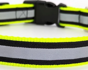 Black Reflective Safety Dog Collar: Silver Stripe - Choose Nylon Color