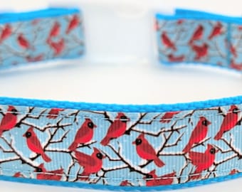 Winter Cardinal Dog Collar - Red Bird Snowy Branches - Light Blue Ribbon Collar - Handmade in Illinois