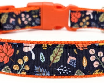 Fall Foliage Dog Collar / Fall Dog Collar / Navy Blue Orange Leaves Mushrooms