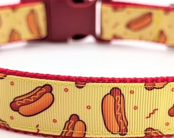 Hot Dog Dog Collar - Wiener Dog Collar, Funny Yellow Food Print Pet Collar, Matching Leash & Key Fob, Custom Ribbon Dog Gear, Puppy Gift