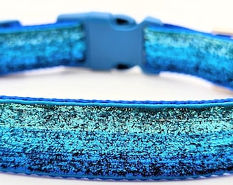 Ocean Blue Sparkle Dog Collar: Teal Blue Ombre Metallic Ribbon