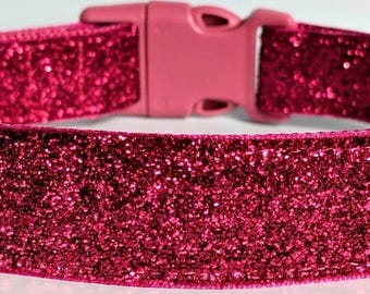 Raspberry Sparkle Dog Collar: Hot Pink Glitter Ribbon