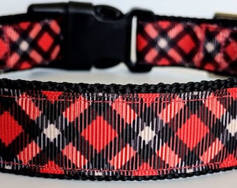 Red Black Tartan Plaid Dog Collar / Christmas Winter Dog Collar