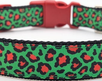 Christmas Leopard Print Dog Collar / Red Green Leopard Print / Holiday Dog Collar