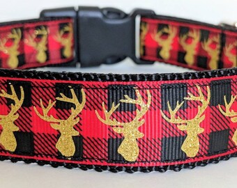 Red Buffalo Plaid with Gold Deer Dog Collar / Christmas Gift / Masculine Hunting Dog - LIMITED Supply